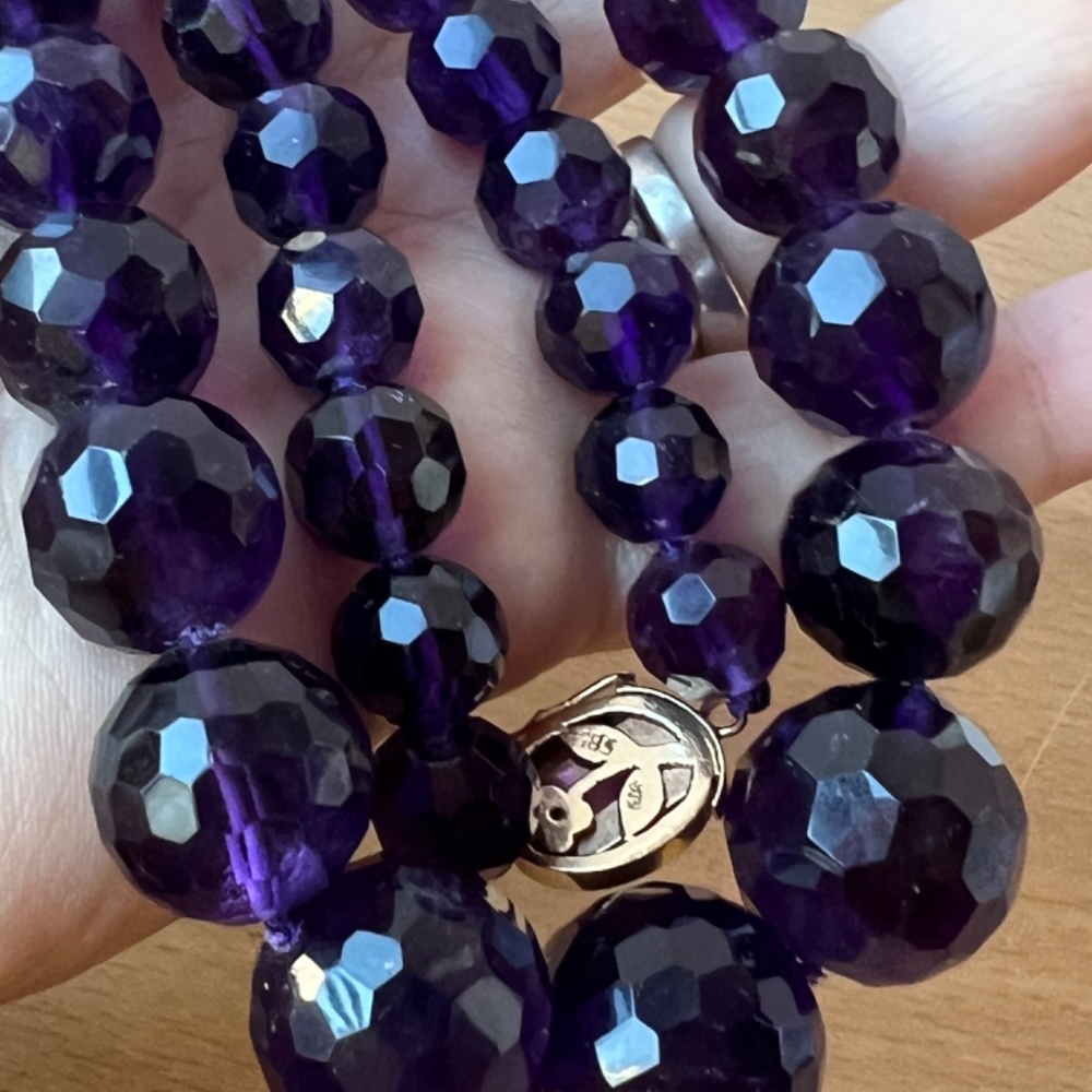 VINTAGE HUGE ROUND FACETED AMETHYST BEADS LONG NECKLACE 14K LOCK CABOCHON STONE - Picture 12 of 16